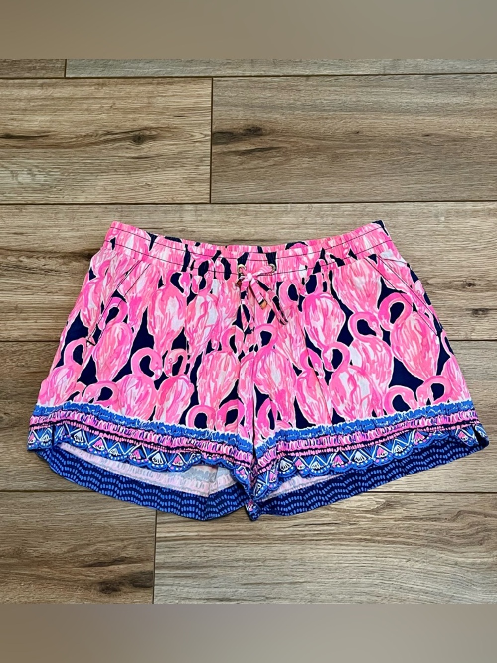 Lilly Pulitzer Katia Shorts Size Small Pink Blue Rayon Drawstring Amor Flamingo